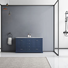 Load image into Gallery viewer, Lexora Dukes LD342260DEDS000 60&quot; Double Bathroom Vanity in Navy Blue with White Carrara Marble, White Rectangle Sinks, Rendered Front View