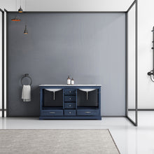 Load image into Gallery viewer, Lexora Dukes LD342260DEDS000 60&quot; Double Bathroom Vanity in Navy Blue with White Carrara Marble, White Rectangle Sinks, Rendered Open Doors