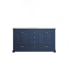 Load image into Gallery viewer, Lexora Dukes LD342260DEDS000 60&quot; Double Bathroom Vanity in Navy Blue with White Carrara Marble, White Rectangle Sinks, Front View