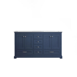 Lexora Dukes LD342260DEDS000 60" Double Bathroom Vanity in Navy Blue with White Carrara Marble, White Rectangle Sinks, Front View