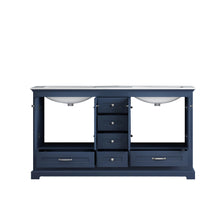 Load image into Gallery viewer, Lexora Dukes LD342260DEDS000 60&quot; Double Bathroom Vanity in Navy Blue with White Carrara Marble, White Rectangle Sinks, Open Doors
