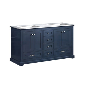 Lexora Dukes LD342260DEDS000 60" Double Bathroom Vanity in Navy Blue with White Carrara Marble, White Rectangle Sinks, Angled View