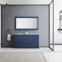 Load image into Gallery viewer, Lexora Dukes LD342260DEDS000 60&quot; Double Bathroom Vanity in Navy Blue with White Carrara Marble, White Rectangle Sinks, Rendered with Mirror and Faucet