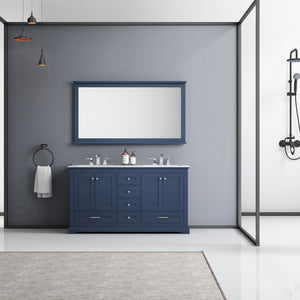 Lexora Dukes LD342260DEDS000 60" Double Bathroom Vanity in Navy Blue with White Carrara Marble, White Rectangle Sinks, Rendered with Mirror and Faucet