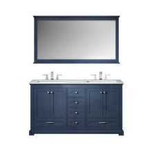 Load image into Gallery viewer, Lexora Dukes LD342260DEDS000 60&quot; Double Bathroom Vanity in Navy Blue with White Carrara Marble, White Rectangle Sinks, with Mirror and Faucets