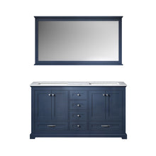 Load image into Gallery viewer, Lexora Dukes LD342260DEDS000 60&quot; Double Bathroom Vanity in Navy Blue with White Carrara Marble, White Rectangle Sinks, with Mirror