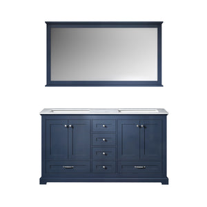 Lexora Dukes LD342260DEDS000 60" Double Bathroom Vanity in Navy Blue with White Carrara Marble, White Rectangle Sinks, with Mirror