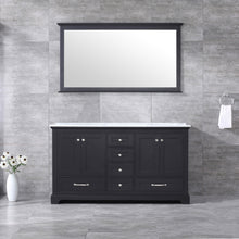 Load image into Gallery viewer, Lexora Dukes LD342260DGDS000 60&quot; Double Bathroom Vanity in Espresso with White Carrara Marble, White Rectangle Sinks, Rendered with Mirror