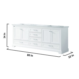 Lexora Dukes LD342280DADS000 80" Double Bathroom Vanity in White with White Carrara Marble, White Rectangle Sinks, Dimensions