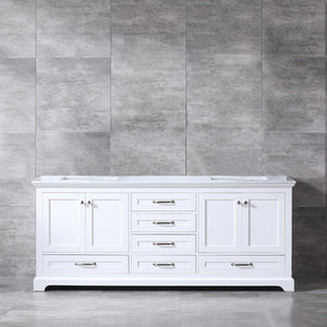Lexora Dukes LD342280DADS000 80" Double Bathroom Vanity in White with White Carrara Marble, White Rectangle Sinks, Rendered Front View