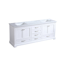 Load image into Gallery viewer, Lexora Dukes LD342280DADS000 80&quot; Double Bathroom Vanity in White with White Carrara Marble, White Rectangle Sinks, Angled View