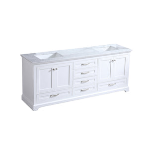 Lexora Dukes LD342280DADS000 80" Double Bathroom Vanity in White with White Carrara Marble, White Rectangle Sinks, Angled View