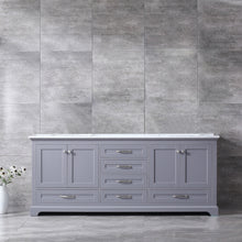 Load image into Gallery viewer, Lexora Dukes LD342280DBDS000 80&quot; Double Bathroom Vanity in Dark Grey with White Carrara Marble, White Rectangle Sinks, Rendered Front View