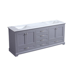 Lexora Dukes LD342280DBDS000 80" Double Bathroom Vanity in Dark Grey with White Carrara Marble, White Rectangle Sinks, Angled View