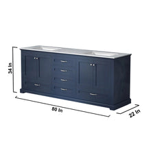 Load image into Gallery viewer, Lexora Dukes LD342280DEDS000 80&quot; Double Bathroom Vanity in Navy Blue with White Carrara Marble, White Rectangle Sinks, Dimensions