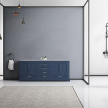 Load image into Gallery viewer, Lexora Dukes LD342280DEDS000 80&quot; Double Bathroom Vanity in Navy Blue with White Carrara Marble, White Rectangle Sinks, Rendered Front View