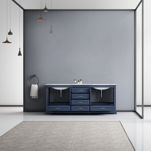 Lexora Dukes LD342280DEDS000 80" Double Bathroom Vanity in Navy Blue with White Carrara Marble, White Rectangle Sinks, Rendered Open Doors