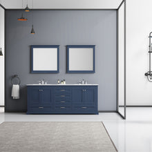 Load image into Gallery viewer, Lexora Dukes LD342280DEDS000 80&quot; Double Bathroom Vanity in Navy Blue with White Carrara Marble, White Rectangle Sinks, Rendered with Mirrors and Faucets