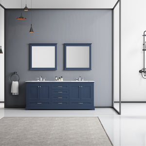 Lexora Dukes LD342280DEDS000 80" Double Bathroom Vanity in Navy Blue with White Carrara Marble, White Rectangle Sinks, Rendered with Mirrors and Faucets