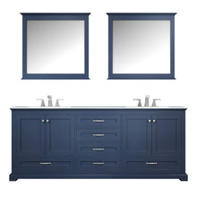 Load image into Gallery viewer, Lexora Dukes LD342280DEDS000 80&quot; Double Bathroom Vanity in Navy Blue with White Carrara Marble, White Rectangle Sinks, with Mirrors and Faucets
