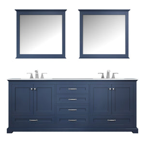 Lexora Dukes LD342280DEDS000 80" Double Bathroom Vanity in Navy Blue with White Carrara Marble, White Rectangle Sinks, with Mirrors and Faucets