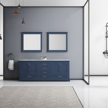 Load image into Gallery viewer, Lexora Dukes LD342280DEDS000 80&quot; Double Bathroom Vanity in Navy Blue with White Carrara Marble, White Rectangle Sinks, Rendered with Mirrors
