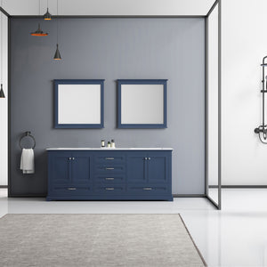 Lexora Dukes LD342280DEDS000 80" Double Bathroom Vanity in Navy Blue with White Carrara Marble, White Rectangle Sinks, Rendered with Mirrors