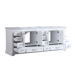 Lexora Dukes LD342284DADS000 84" Double Bathroom Vanity in White with White Carrara Marble, White Rectangle Sinks, Angled Open Doors and Drawers