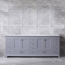 Load image into Gallery viewer, Lexora Dukes LD342284DBDS000 84&quot; Double Bathroom Vanity in Dark Grey with White Carrara Marble, White Rectangle Sinks, Rendered Front View