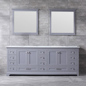Lexora Dukes LD342284DBDS000 84" Double Bathroom Vanity in Dark Grey with White Carrara Marble, White Rectangle Sinks, Rendered with Mirrors