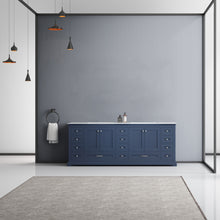Load image into Gallery viewer, Lexora Dukes LD342284DEDS000 84&quot; Double Bathroom Vanity in Navy Blue with White Carrara Marble, White Rectangle Sinks, Rendered Front View