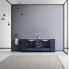Load image into Gallery viewer, Lexora Dukes LD342284DEDS000 84&quot; Double Bathroom Vanity in Navy Blue with White Carrara Marble, White Rectangle Sinks, Rendered Open Doors