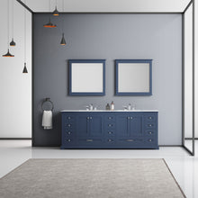 Load image into Gallery viewer, Lexora Dukes LD342284DEDS000 84&quot; Double Bathroom Vanity in Navy Blue with White Carrara Marble, White Rectangle Sinks, Rendered with Mirrors and Faucets
