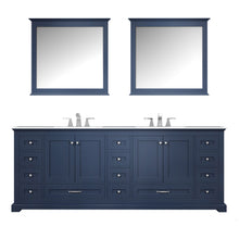 Load image into Gallery viewer, Lexora Dukes LD342284DEDS000 84&quot; Double Bathroom Vanity in Navy Blue with White Carrara Marble, White Rectangle Sinks, with Mirrors and Faucets