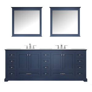 Lexora Dukes LD342284DEDS000 84" Double Bathroom Vanity in Navy Blue with White Carrara Marble, White Rectangle Sinks, with Mirrors and Faucets