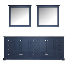 Load image into Gallery viewer, Lexora Dukes LD342284DEDS000 84&quot; Double Bathroom Vanity in Navy Blue with White Carrara Marble, White Rectangle Sinks, with Mirrors