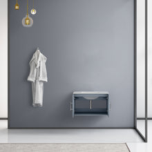 Load image into Gallery viewer, Lexora Geneva LG192230DBDS000 30&quot; Single Wall Mounted Vanity in Dark Grey with White Carrara Marble, Rendered Open Doors