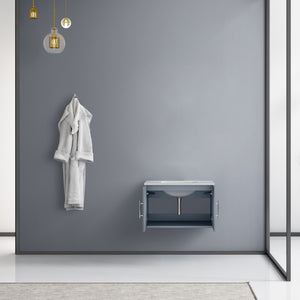 Lexora Geneva LG192230DBDS000 30" Single Wall Mounted Vanity in Dark Grey with White Carrara Marble, Rendered Open Doors