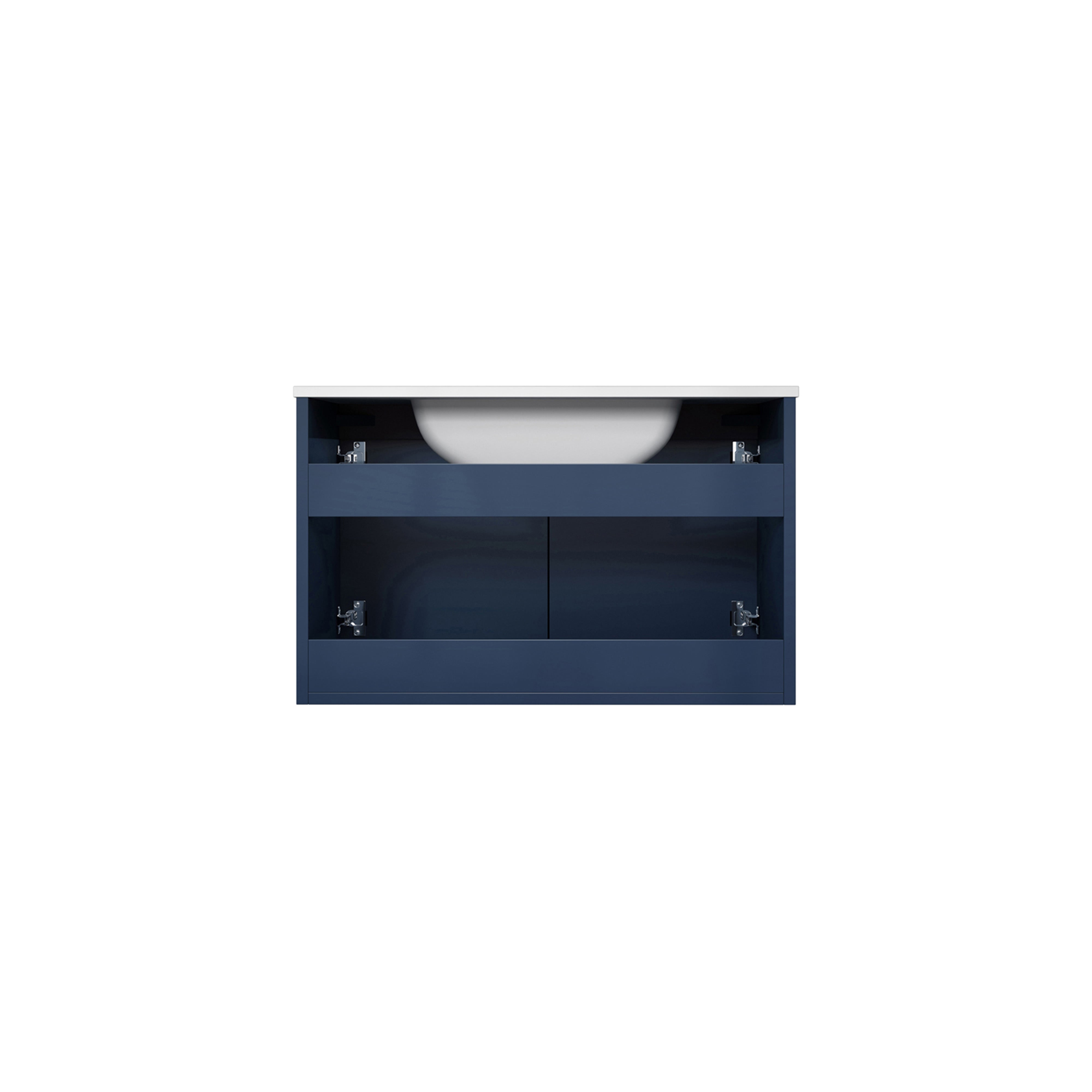 Lexora Geneva LG192230DEDS000 30" Single Wall Mounted Bathroom Vanity in Navy Blue with White Carrara Marble, White Rectangle Sink, Back View