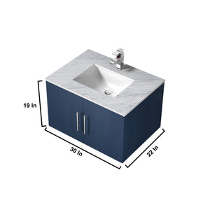 Lexora Geneva LG192230DEDS000 30" Single Wall Mounted Bathroom Vanity in Navy Blue with White Carrara Marble, White Rectangle Sink, Dimensions