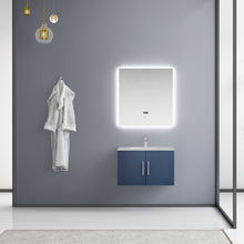 Load image into Gallery viewer, Lexora Geneva LG192230DEDS000 30&quot; Single Wall Mounted Bathroom Vanity in Navy Blue with White Carrara Marble, White Rectangle Sink, Rendered with Mirror and Faucet
