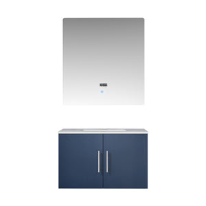 Lexora Geneva LG192230DEDS000 30" Single Wall Mounted Bathroom Vanity in Navy Blue with White Carrara Marble, White Rectangle Sink, with Mirror