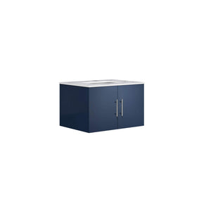 Lexora Geneva LG192230DEDS000 30" Single Wall Mounted Bathroom Vanity in Navy Blue with White Carrara Marble, White Rectangle Sink, Angled View
