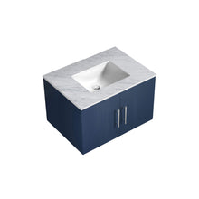 Load image into Gallery viewer, Lexora Geneva LG192230DEDS000 30&quot; Single Wall Mounted Bathroom Vanity in Navy Blue with White Carrara Marble, White Rectangle Sink, Top Angled View