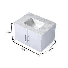 Load image into Gallery viewer, Lexora Geneva LG192230DMDS000 30&quot; Single Wall Mounted Vanity in Glossy White with White Carrara Marble, Dimensions