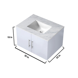 Lexora Geneva LG192230DMDS000 30" Single Wall Mounted Vanity in Glossy White with White Carrara Marble, Dimensions