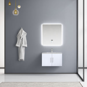Lexora Geneva LG192230DMDS000 30" Single Wall Mounted Vanity in Glossy White with White Carrara Marble, Rendered with Mirror and Faucet