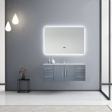 Load image into Gallery viewer, Lexora Geneva LG192248DBDS000 48&quot; Single Wall Mounted Bathroom Vanity in Dark Grey with White Carrara Marble, White Rectangle Sink, Rendered with Mirror and Faucet