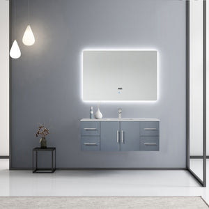 Lexora Geneva LG192248DBDS000 48" Single Wall Mounted Bathroom Vanity in Dark Grey with White Carrara Marble, White Rectangle Sink, Rendered with Mirror and Faucet