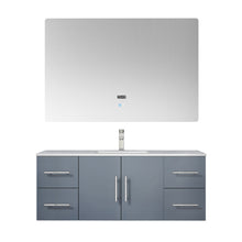 Load image into Gallery viewer, Lexora Geneva LG192248DBDS000 48&quot; Single Wall Mounted Bathroom Vanity in Dark Grey with White Carrara Marble, White Rectangle Sink, With Mirror and Faucet